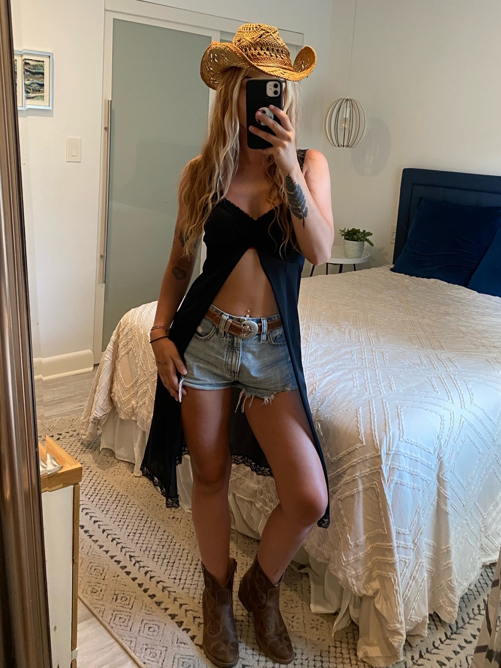 Black High-Slit Babydoll Duster Top with Lace